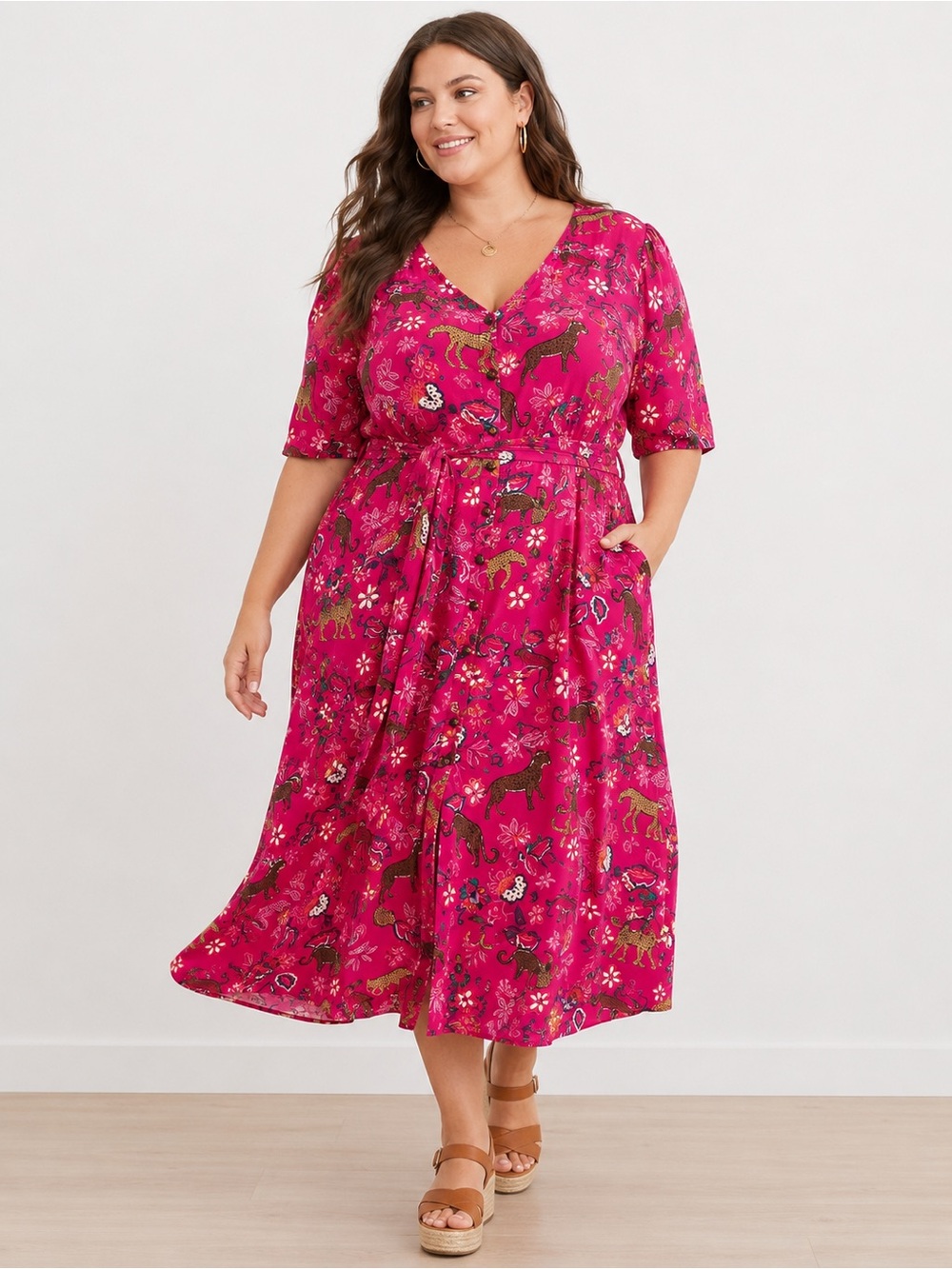Torrid Pink Jungle Leopard Floral Button Front Midi Dress Tie Waist Plus Size - Picture 1 of 9
